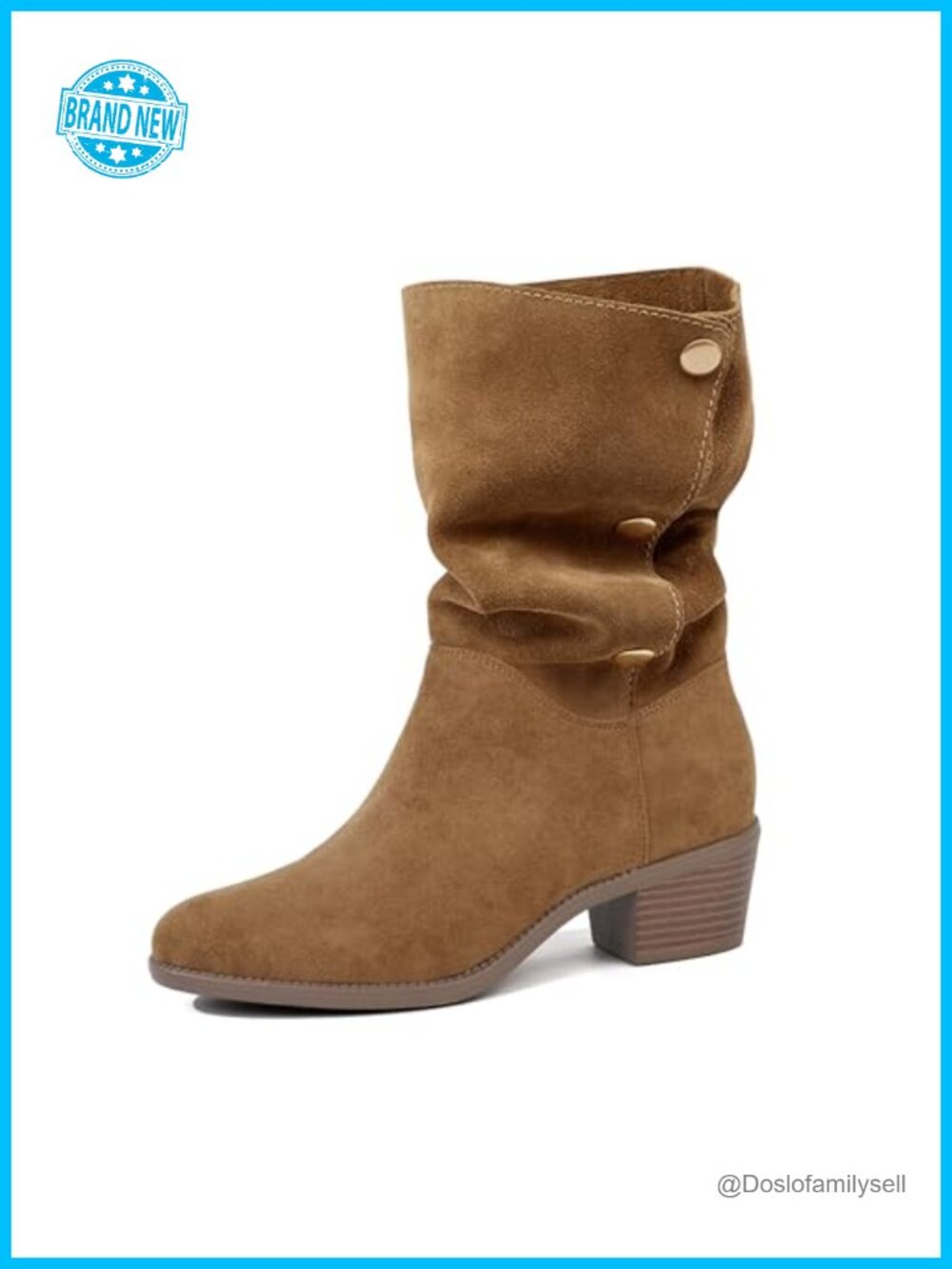 Suede Mid-Calf Boots 3-Way Fold-Over Chunky Block Heel